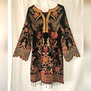 VTG Kurta Black Silk Velvet Gold And Red Embroidred Formal Tunic Sz L